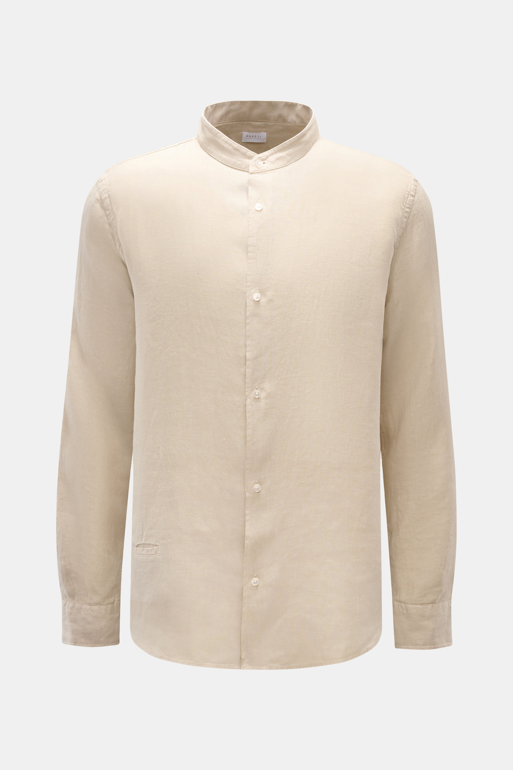 Front view of 04651/ A trip in a bag Linen shirt 'Linen Guru' grandad collar beige, a pure linen casual shirt with a soft feel, regular fit, grandad collar, French button placket, small welt pocket, classic barrel cuffs, woven label in side seam, slightly