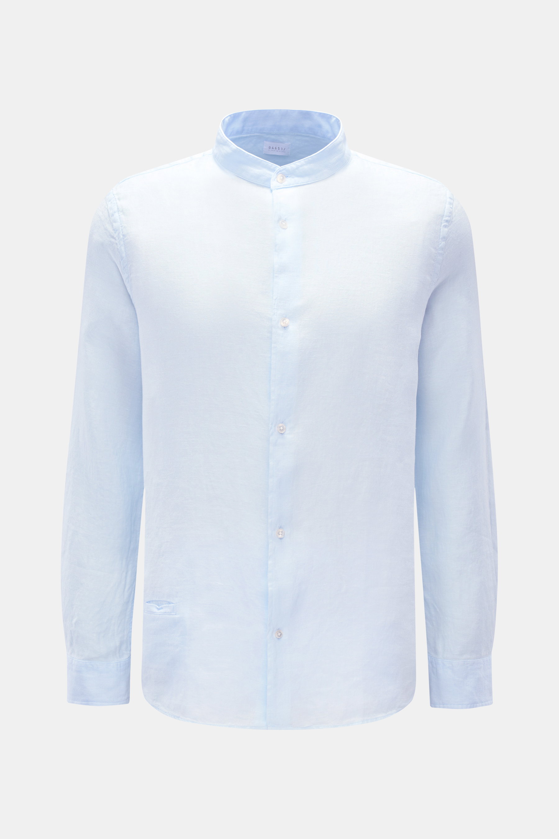 Front view of the 04651/ A trip in a bag Linen shirt 'Linen Guru' grandad collar pastel blue, made of pure linen with a soft feel, regular fit, French button placket, small welt pocket, classic barrel cuffs, woven label in the side seam, slightly rounded 