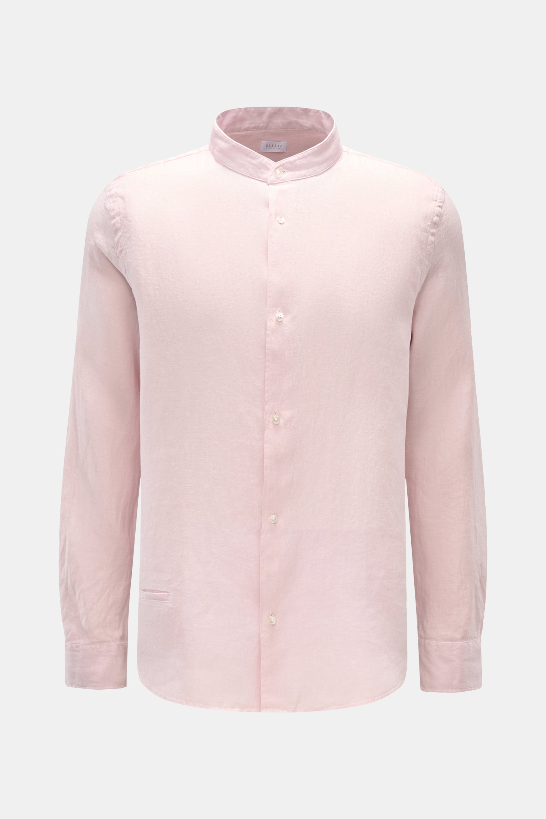 Frontale Ansicht des roséfarbenen 04651/ A trip in a bag Leinenhemd 'Linen Guru' Grandad-Kragen aus reiner Leinenqualität mit französischer Knopfleiste, kleiner Leistentasche und klassischer Sportmanschette, Regular Fit, weicher Griff, leichter Saumverlau