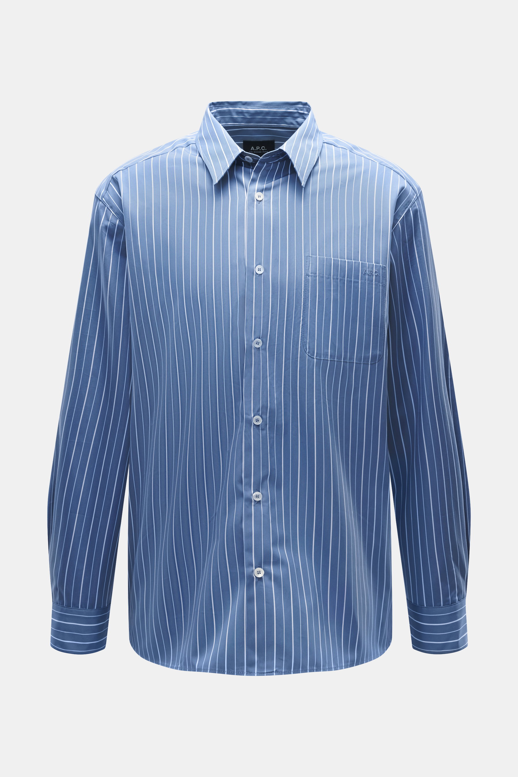 Front view of A.P.C. Casual shirt 'Malo' kent collar smoky blue/white striped, oversized fit, pure cotton, smooth feel, French button placket, classic sport cuff, slightly rounded hemline. Timeless elegance meets modern casualness for stylish office outfi