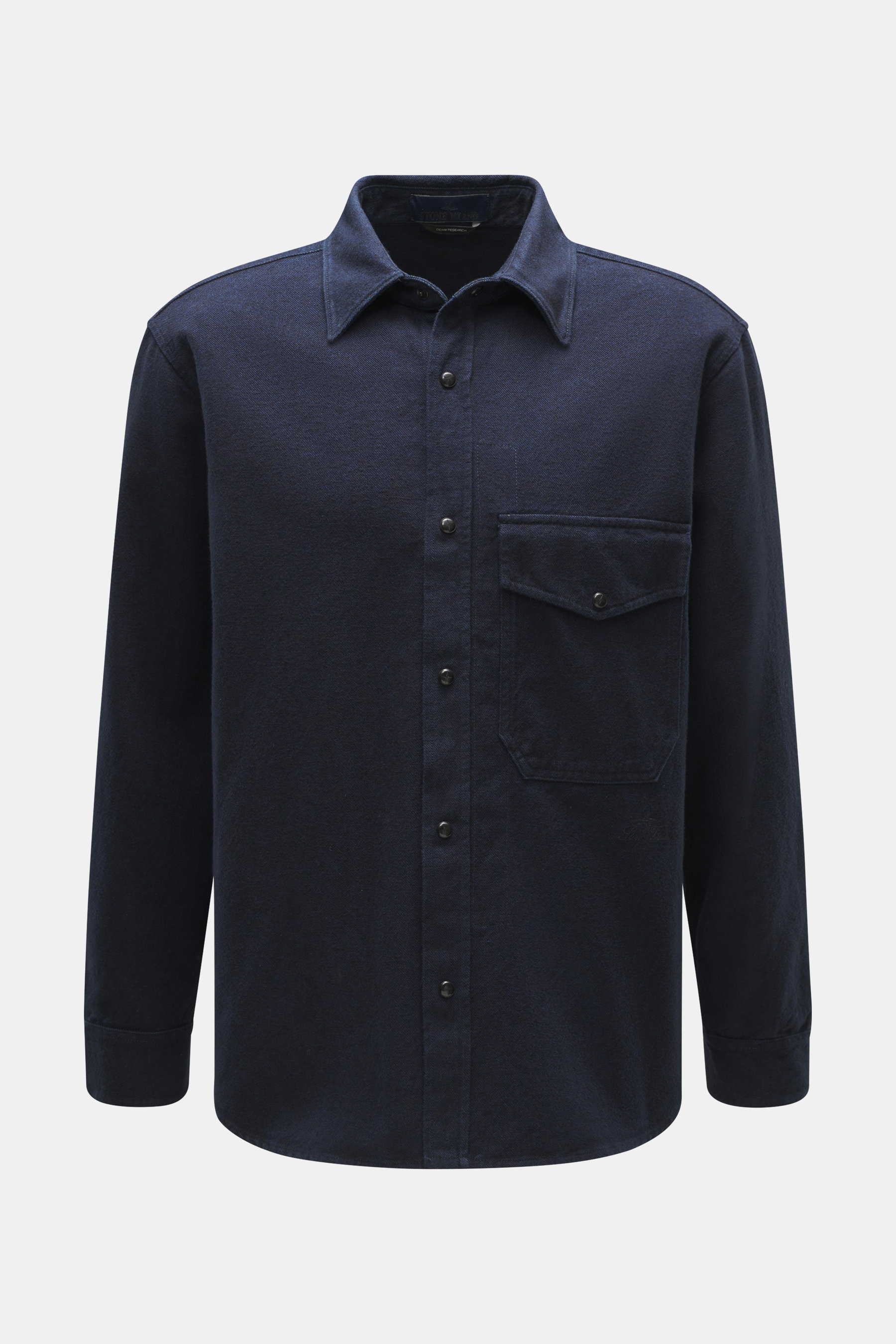Stone Island Casual Shirt 'Indigo Denim' navy, front view of sturdy cotton twill shirt with Kent collar, covered snap button placket, chest pocket, soft touch, regular fit, classic sports cuff, tonal logo stitching, winter essential in urban style.