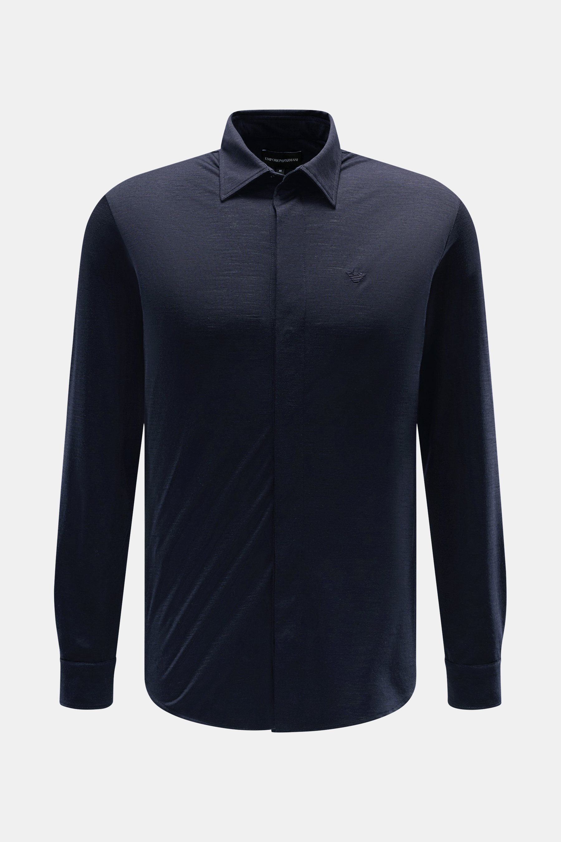 Emporio Armani Jersey-Hemd Kent-Kragen navy, Frontansicht, reines Wolle-Jersey, weicher Griff, Regular Fit, verdeckte Knopfleiste, Sportmanschette, gerundeter Saum.