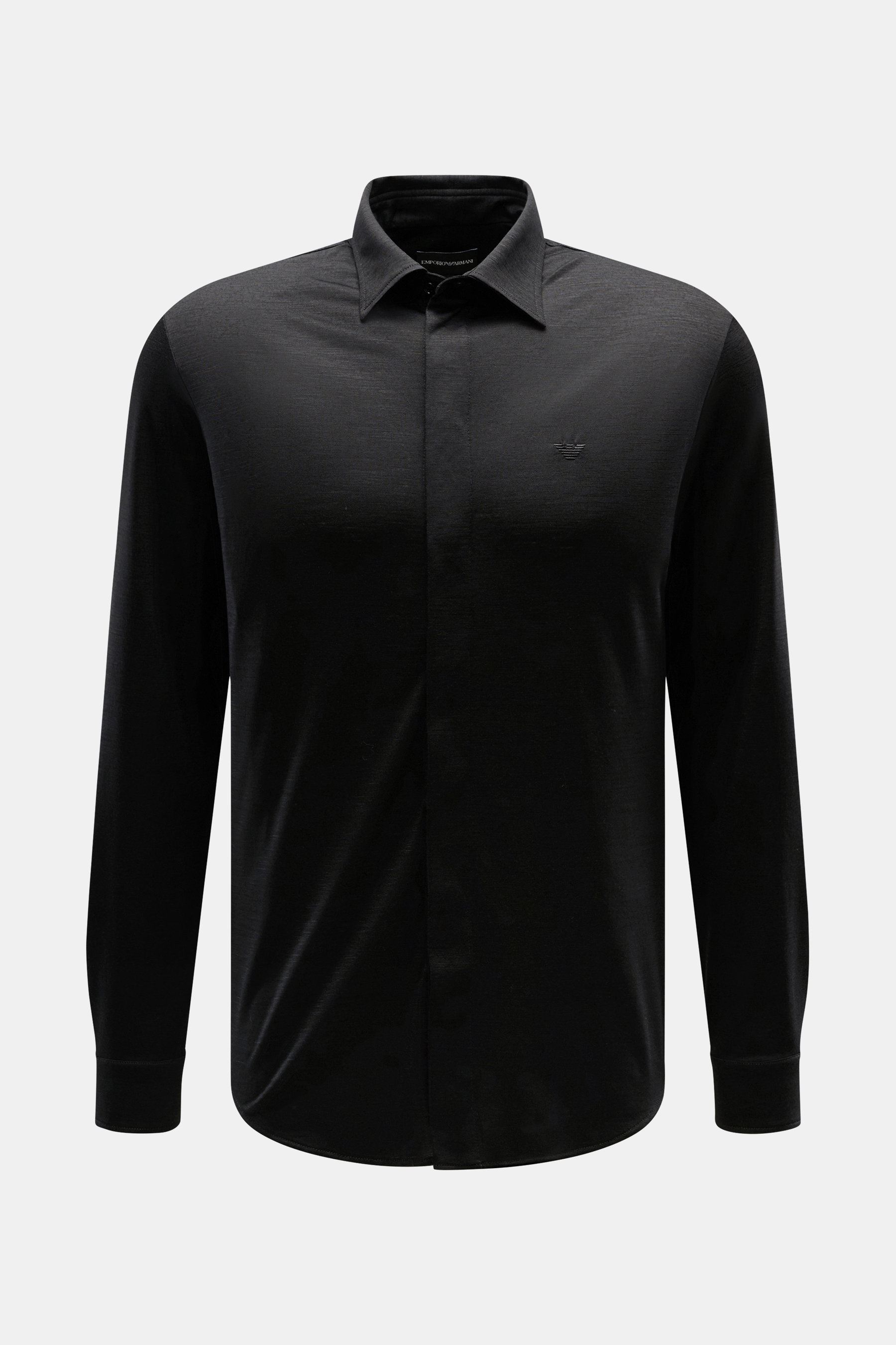Emporio Armani Jersey-Hemd Kent-Kragen schwarz, Frontansicht, reine Wolle, weicher Griff, Regular Fit, verdeckte Knopfleiste, Sportmanschette, gerundeter Saum.