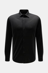 Emporio Armani Jersey-Hemd Kent-Kragen schwarz, Frontansicht, reine Wolle, weicher Griff, Regular Fit, verdeckte Knopfleiste, Sportmanschette, gerundeter Saum.