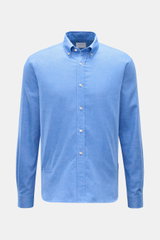 Frontale Nahaufnahme des 04651/ A trip in a bag Flanellhemd Button-Down-Kragen blau meliert mit Button-Down-Kragen, aufgesetzter Knopfleiste, kleiner paspelierter Tasche, klassischer Sportmanschette und leicht gerundetem Saum aus reiner Baumwolle, Regular