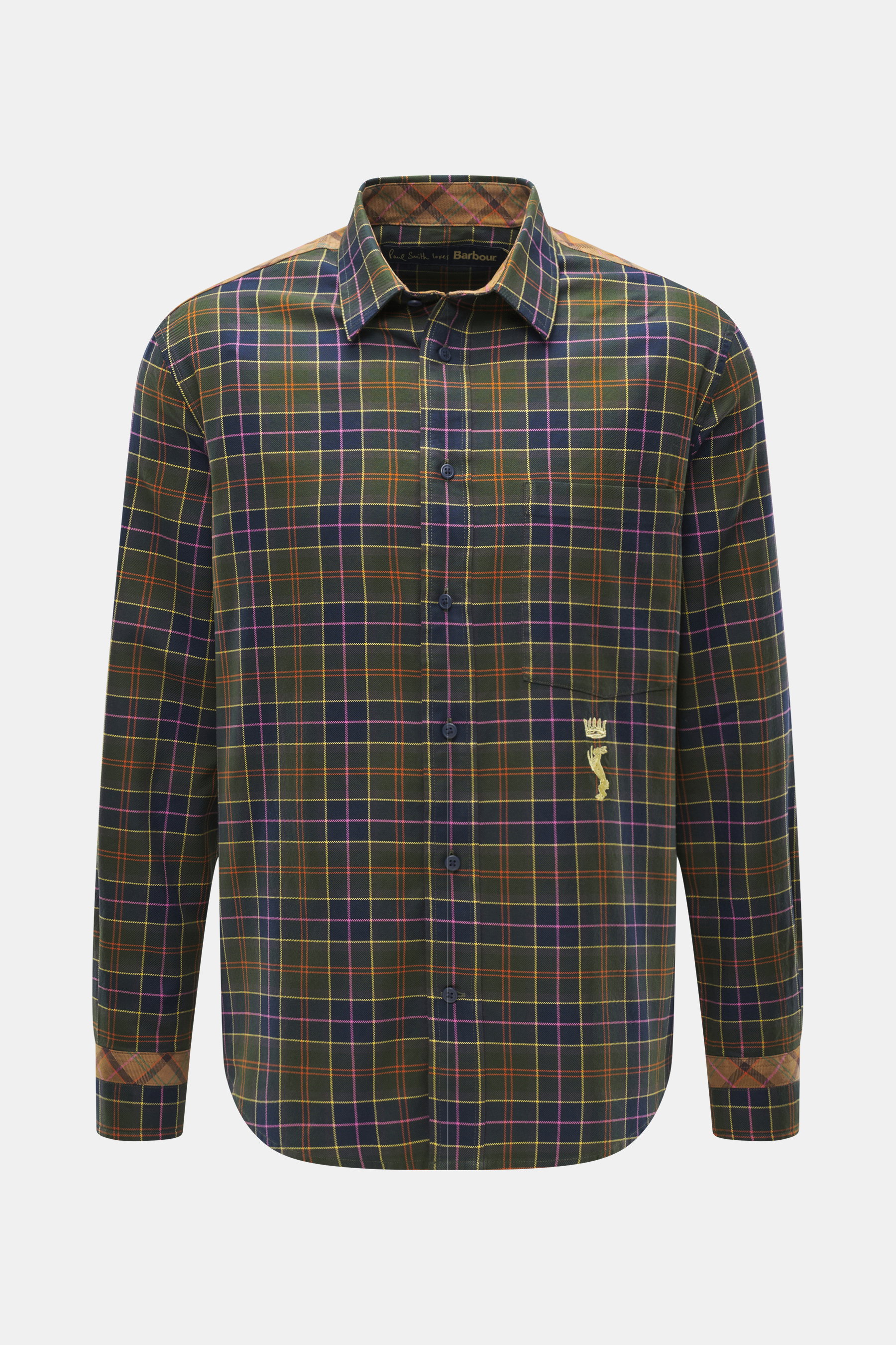 Barbour Flanellhemd Kent-Kragen navy/grün/orange kariert, kariertes Flanellhemd mit Twill, Brusttasche, Sportmanschette, Rückenpasse, frontal fotografiert.