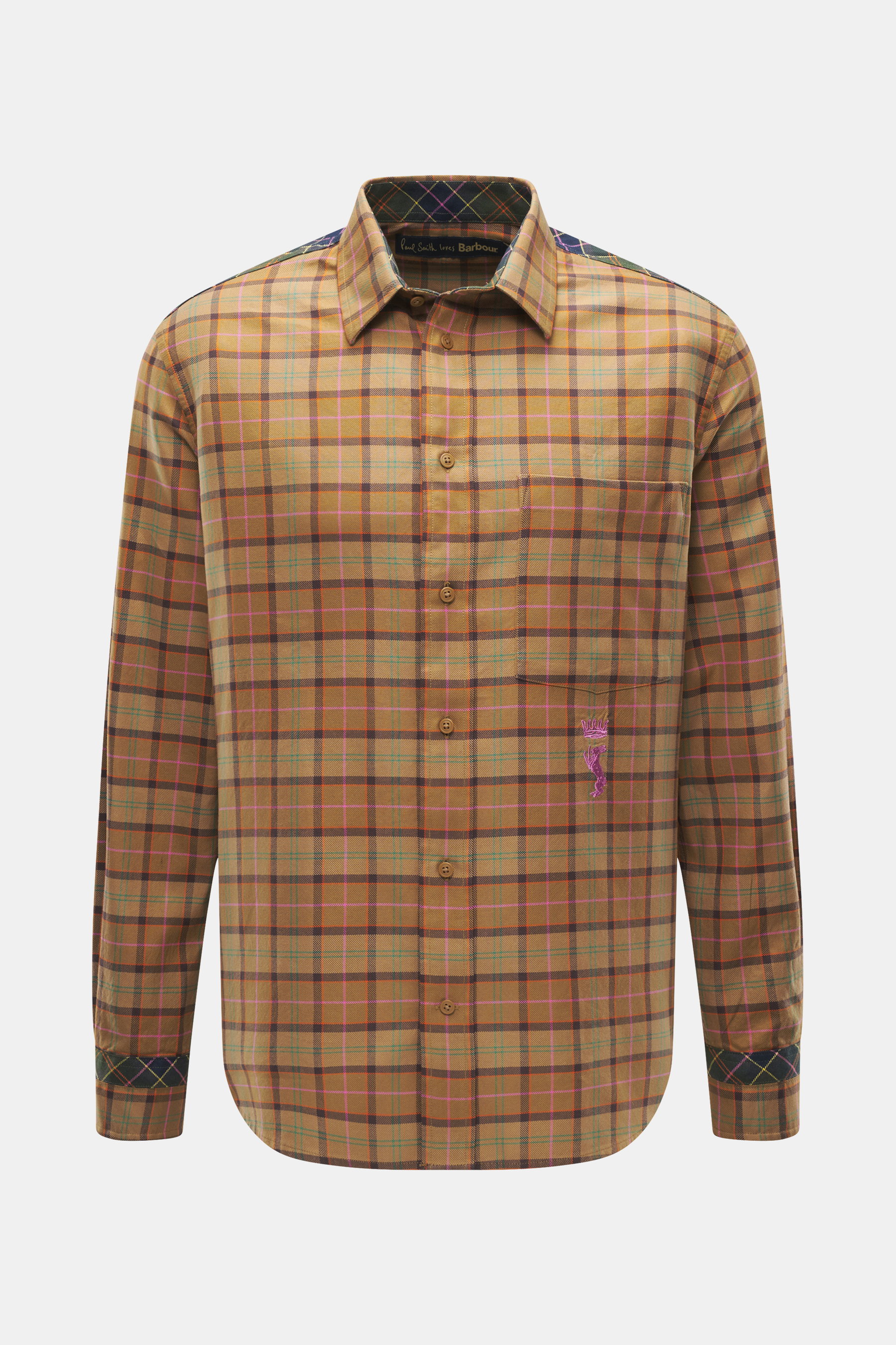 Frontansicht des Barbour Flanellhemd Kent-Kragen beige/camel/rosé kariert mit klassischem Karo, Brusttasche, kontrastr. Rückenpasse, aus reiner Baumwolle.