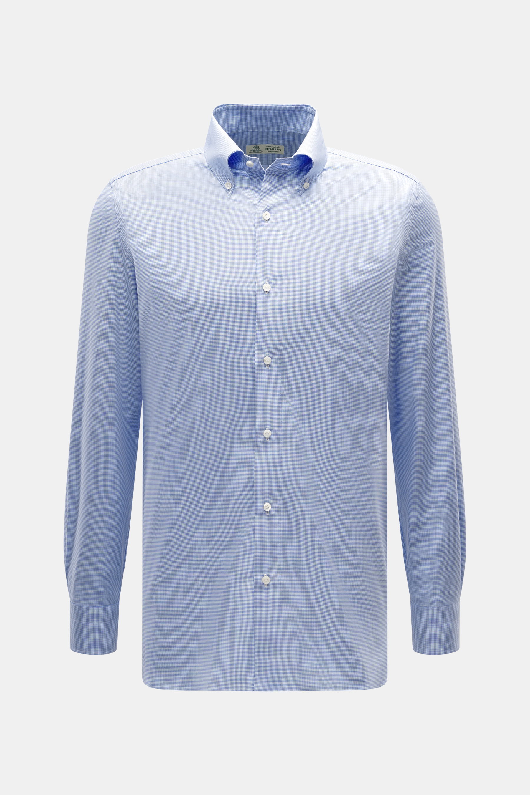 Borrelli Casual Hemd Button-Down-Kragen rauchblau/weiß gemustert, Slim Fit, Hahnentritt, Baumwolle, Perlmuttknöpfe, Frontansicht.