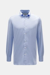 Borrelli Casual Hemd Button-Down-Kragen rauchblau/weiß gemustert, Slim Fit, Hahnentritt, Baumwolle, Perlmuttknöpfe, Frontansicht.