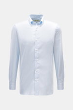 Vorderansicht des Borrelli Casual Hemd Button-Down-Kragen hellblau/weiß kariert, Slim Fit, reine Baumwolle, feines Karomuster, Perlmuttknöpfe, klassische Sportmanschette.