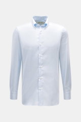 Vorderansicht des Borrelli Casual Hemd Button-Down-Kragen hellblau/weiß kariert, Slim Fit, reine Baumwolle, feines Karomuster, Perlmuttknöpfe, klassische Sportmanschette.