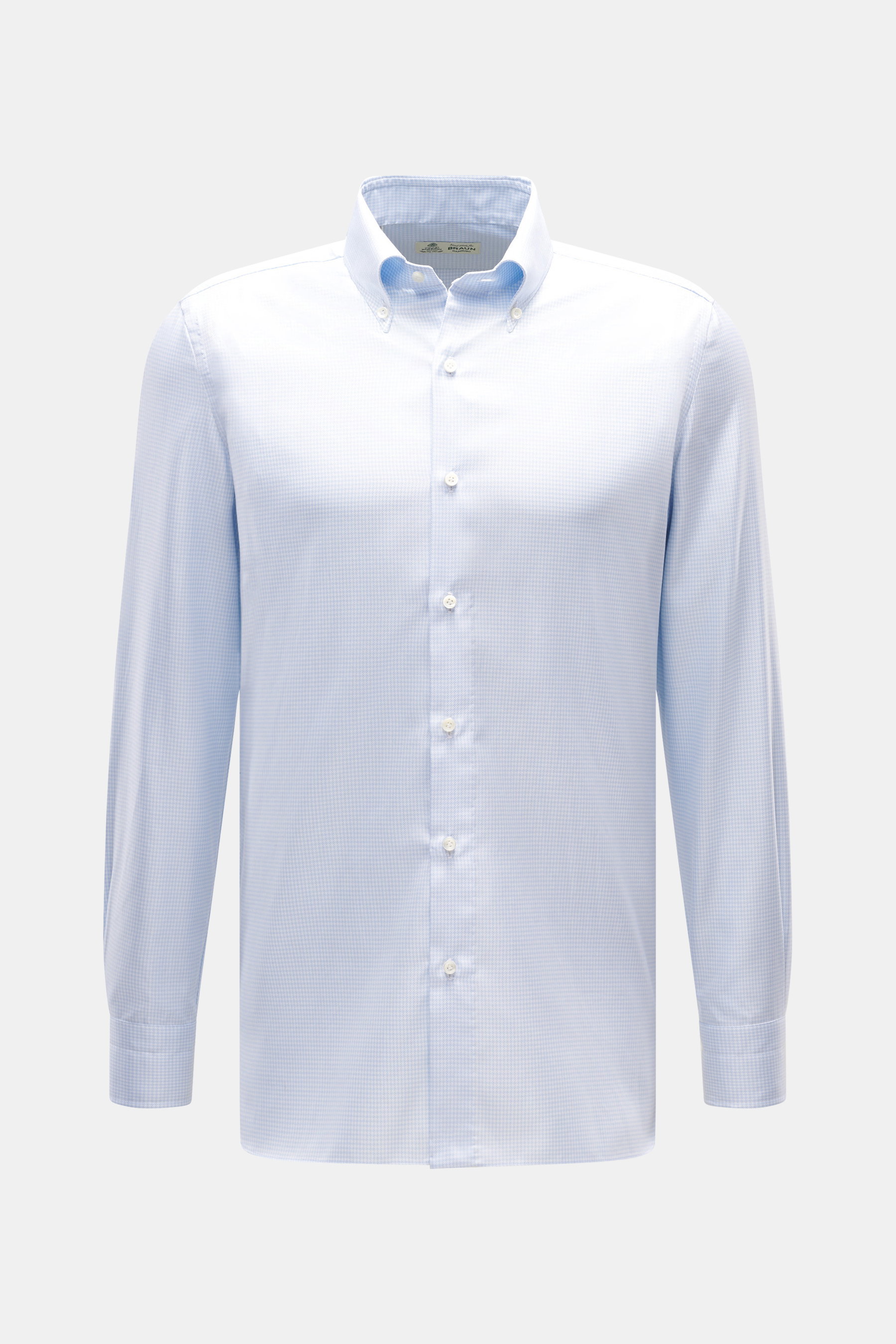 Borrelli Casual Hemd Button-Down-Kragen hellblau/weiß kariert, Slim Fit, reine Baumwolle, feines Karo, Perlmuttknöpfe, Sportmanschette, frontale Nahaufnahme.