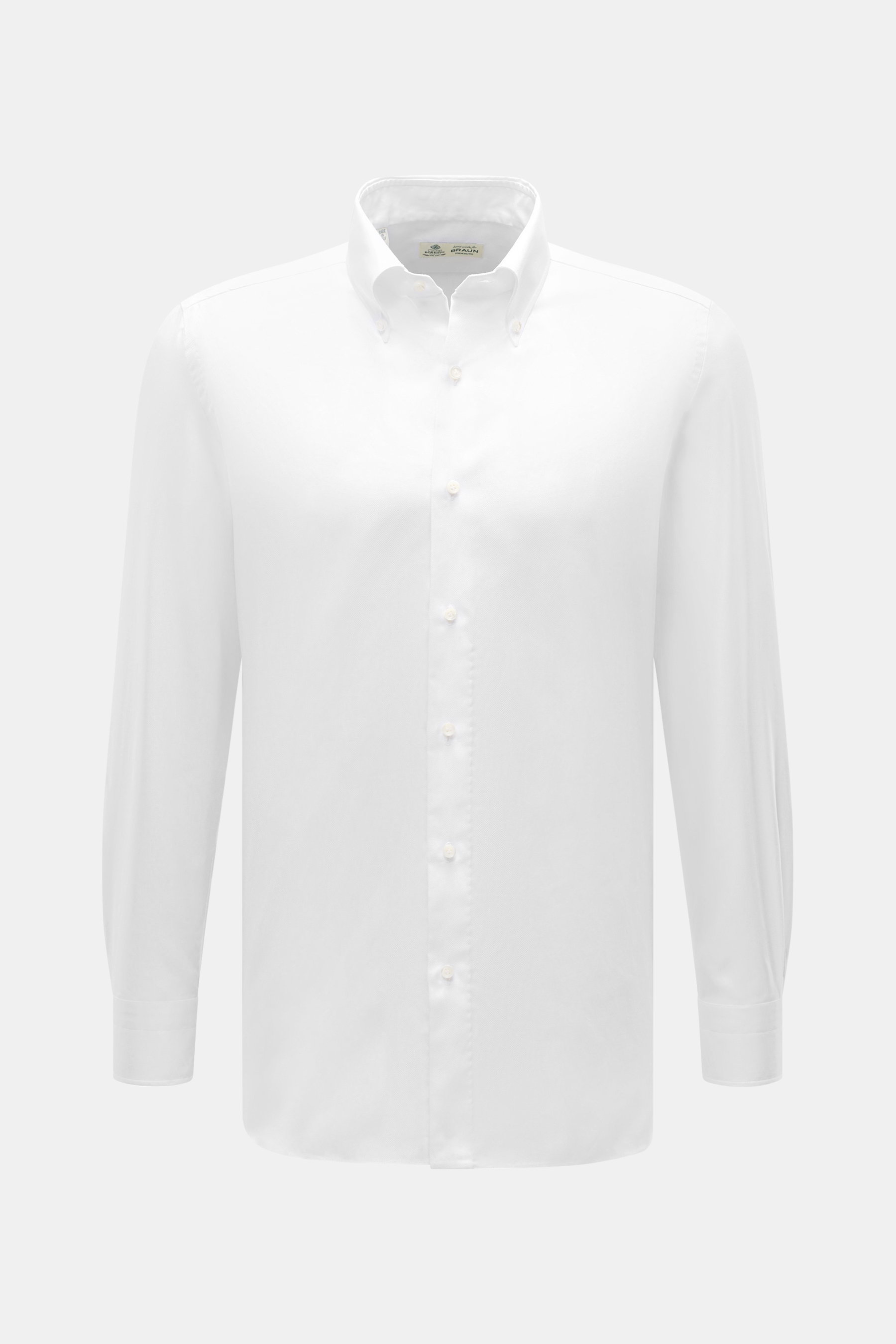 Borrelli Oxford-Hemd 'Gable' Button-Down-Kragen weiß, Slim Fit, Oxford reine Baumwolle, glatter Griff, frontal, französische Knopfleiste, Sportmanschette, Rückenpasse, Taillenabnäher, gerundeter Saum.