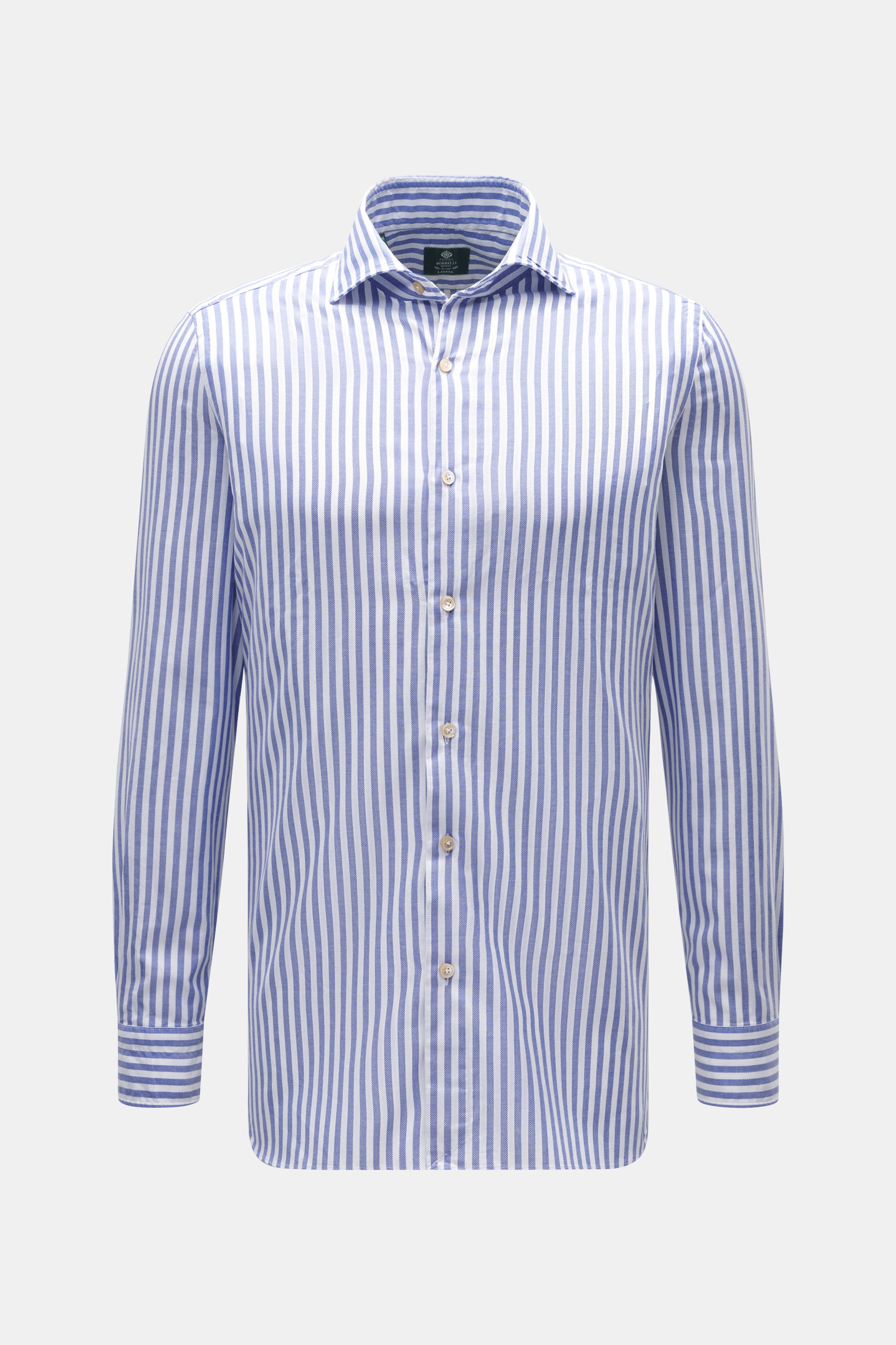 Front view of Borrelli Oxford shirt 'Ettore' shark collar blue/white striped, pure cotton, soft touch, slim fit, hand-sewn, French placket with mother-of-pearl buttons, classic sport cuff, back waist darts, rounded hem.