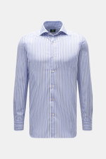 Front view of Borrelli Oxford shirt 'Ettore' shark collar blue/white striped, pure cotton, soft touch, slim fit, hand-sewn, French placket with mother-of-pearl buttons, classic sport cuff, back waist darts, rounded hem.