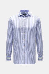 Front view of Borrelli Oxford shirt 'Ettore' shark collar blue/white striped, pure cotton, soft touch, slim fit, hand-sewn, French placket with mother-of-pearl buttons, classic sport cuff, back waist darts, rounded hem.