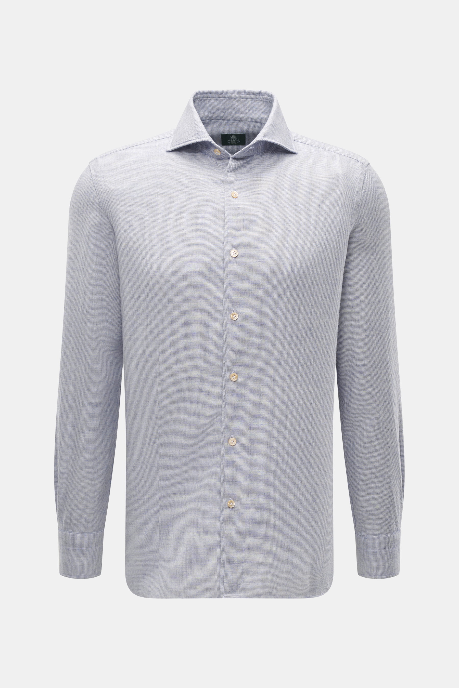 Borrelli Casual Hemd 'Ettore' Haifisch-Kragen rauchblau meliert, Slim Fit, weicher Griff, Baumwolle & Schurwolle, Haifisch-Kragen, Perlmuttknöpfe, Sportmanschette, Taillenabnäher, gerundeter Saum, Frontansicht.