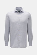 Borrelli Casual Hemd 'Ettore' Haifisch-Kragen rauchblau meliert, Slim Fit, weicher Griff, Baumwolle & Schurwolle, Haifisch-Kragen, Perlmuttknöpfe, Sportmanschette, Taillenabnäher, gerundeter Saum, Frontansicht.