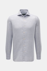 Borrelli Casual Hemd 'Ettore' Haifisch-Kragen rauchblau meliert, Slim Fit, weicher Griff, Baumwolle & Schurwolle, Haifisch-Kragen, Perlmuttknöpfe, Sportmanschette, Taillenabnäher, gerundeter Saum, Frontansicht.