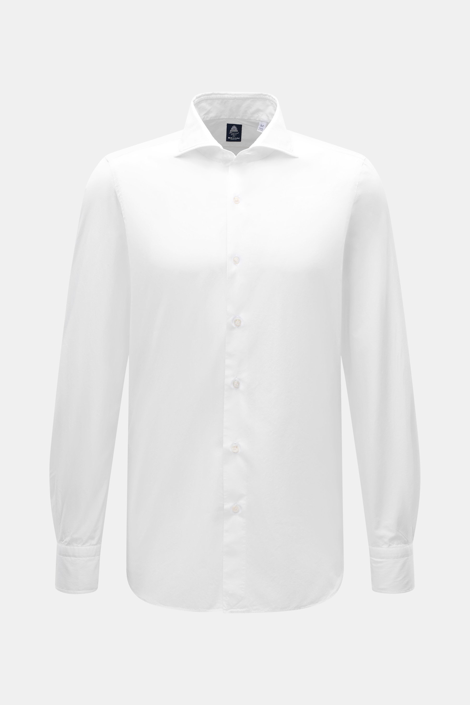 Front view of Finamore Business shirt 'Eduardo Napoli' shark collar white, slim fit with mercerized cotton, french placket, sport cuff, rounded hemline.  

Description: <p>FINAMORE chooses only the best for its business shirt 'Eduardo Napoli' – mercerized