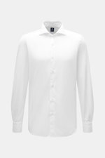 Finamore Business Hemd 'Eduardo Napoli' Haifisch-Kragen weiß, Slim Fit, mercerisierte Baumwolle, französische Knopfleiste, Sportmanschette, von vorne.