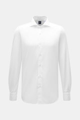 Finamore Business Hemd 'Eduardo Napoli' Haifisch-Kragen weiß, Slim Fit, mercerisierte Baumwolle, französische Knopfleiste, Sportmanschette, von vorne.