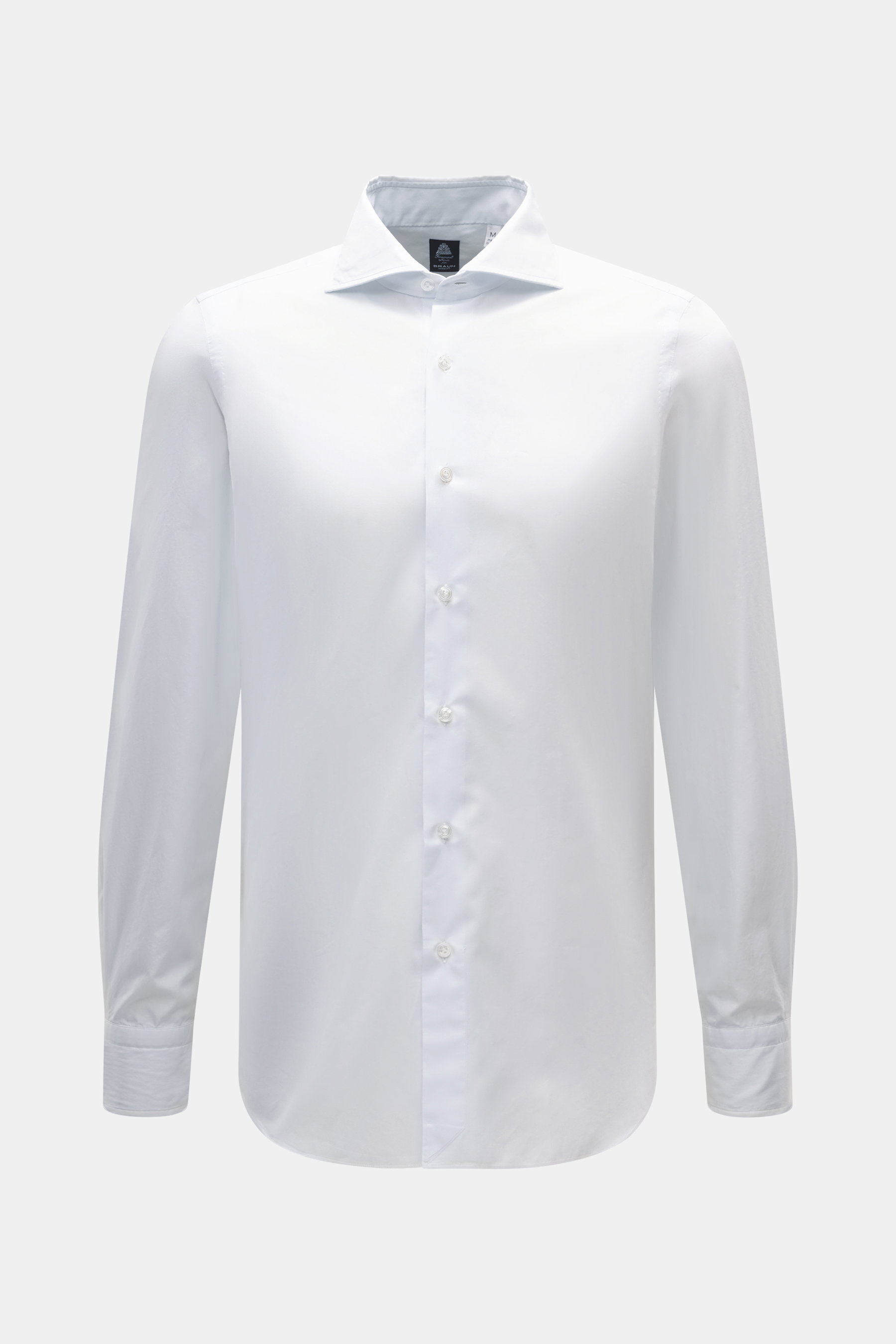 Front view of Finamore Business Shirt 'Eduardo Napoli' Shark Collar Pastel Blue in finest cotton, slim fit with French button placket.