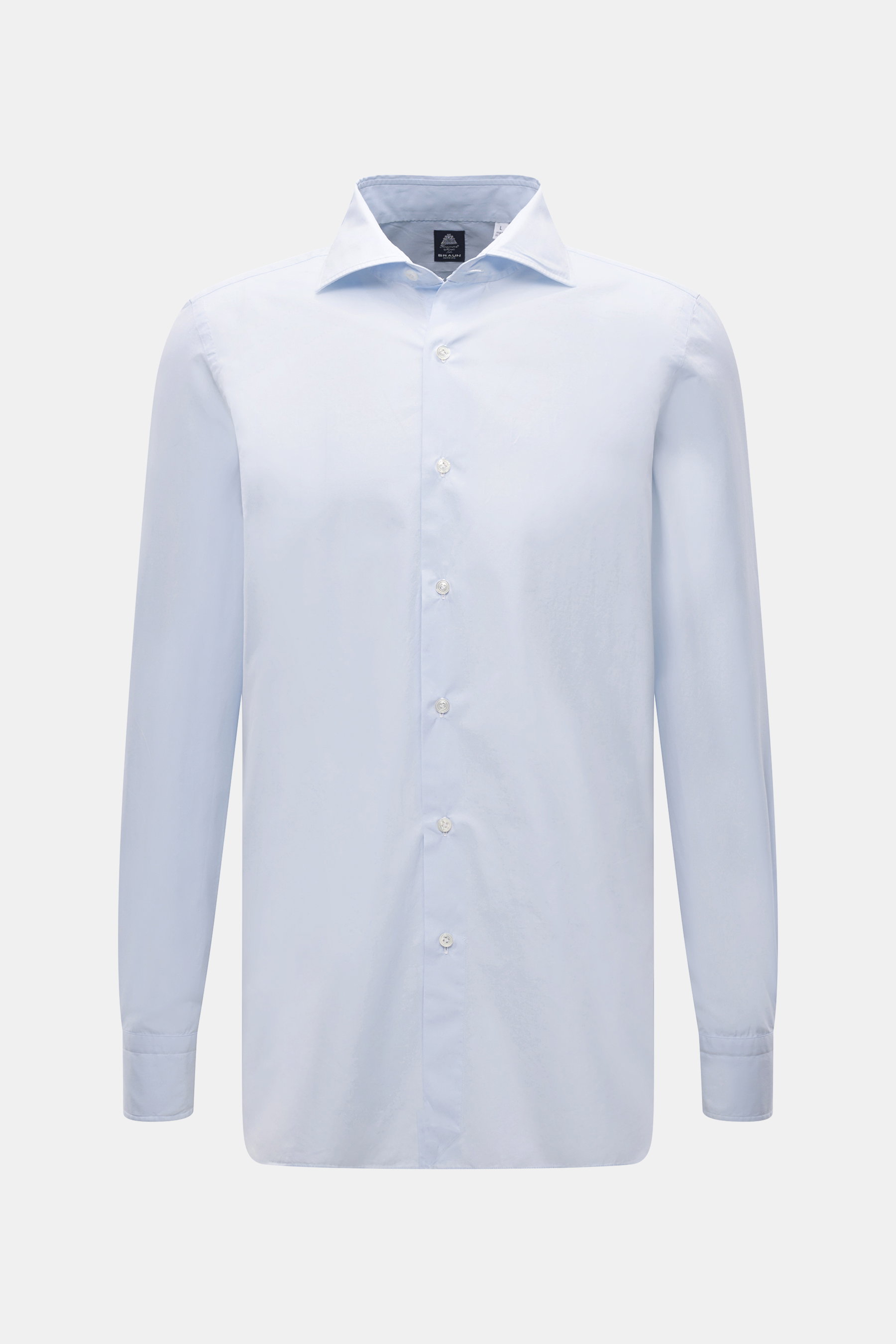 Front view of Finamore Casual Shirt 'Edoardo Napoli' Shark Collar Light Blue, a slim fit poplin shirt of soft Giza cotton with extra-long sleeves, French button placket, classic sport cuff, and rounded hem, offering a stylish classic look with a smooth fe