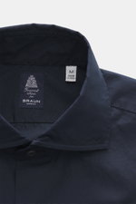 Finamore Casual Hemd 'Edoardo Napoli' Haifisch-Kragen navy, Detailansicht von oben, Popeline Baumwolle, kühler Griff, Slim Fit, made in Italy.