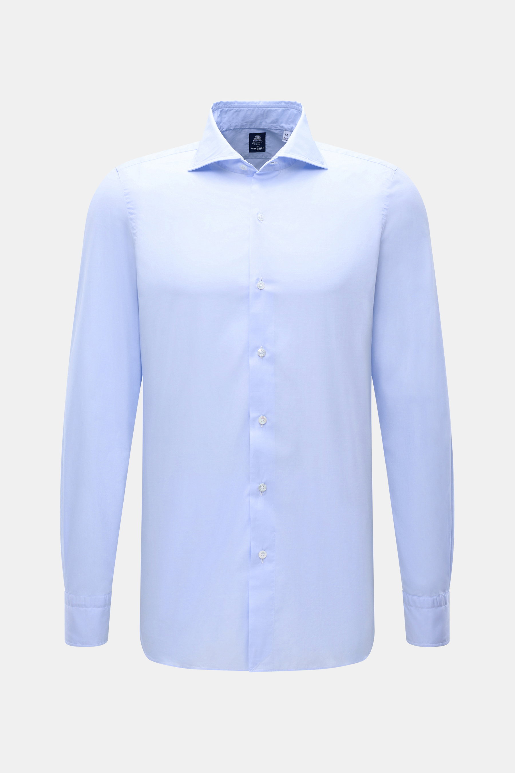 Front view of Finamore Casual Shirt 'Eduardo Napoli' Shark Collar Light Blue, slim fit mercerized cotton shirt with French placket and sport cuff.