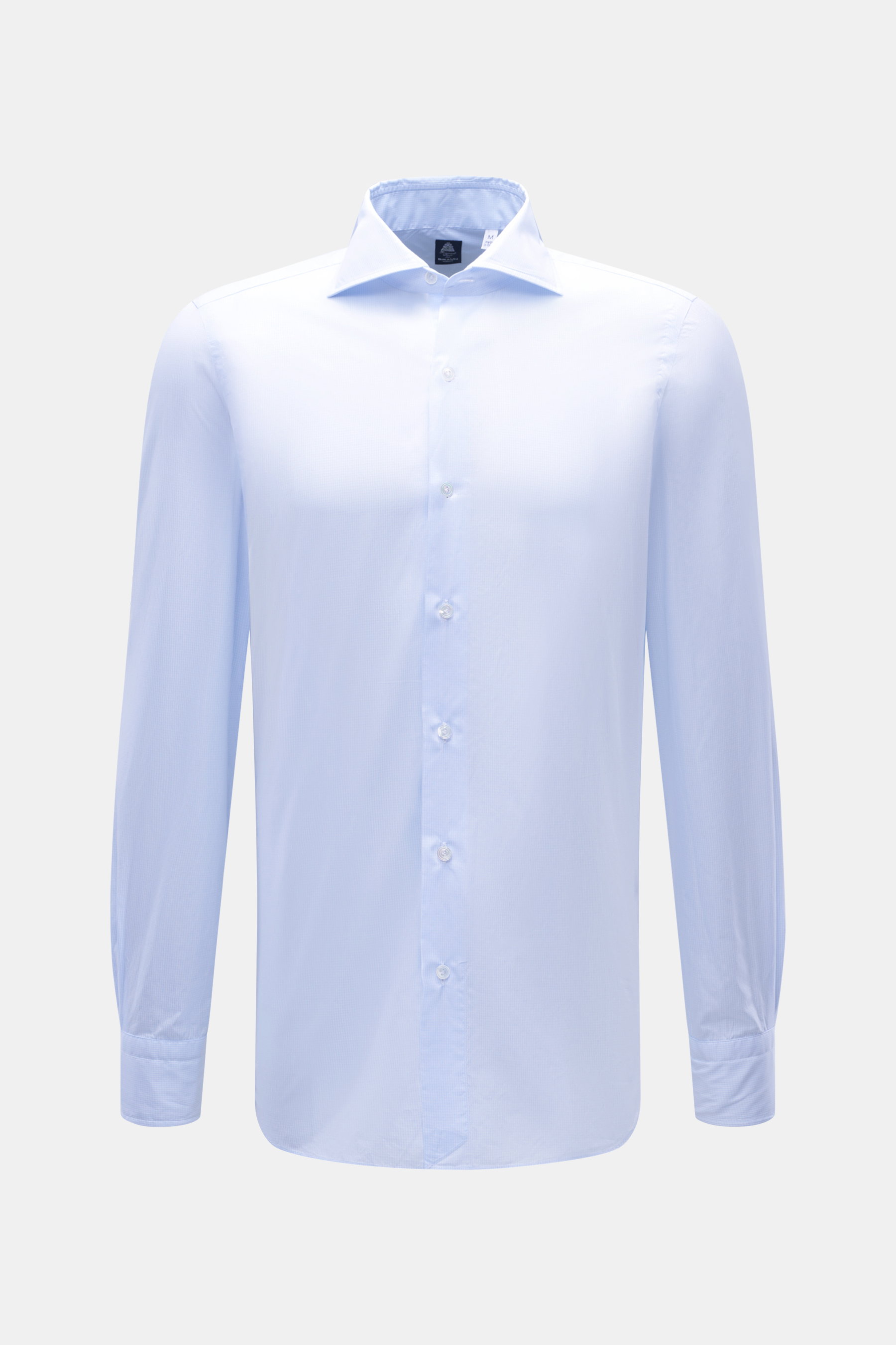 Finamore Business shirt 'Eduardo Napoli' shark collar light blue/white checked, slim fit with extra long sleeves, photographed front view. Handcrafted details and a noble cotton quality define the design of the striped business shirt 'Eduardo Napoli' from