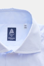 Finamore Business Hemd 'Eduardo Napoli' Haifisch-Kragen hellblau/weiß kariert, Detailansicht von oben, reine Baumwolle, Slim Fit, feines Karomuster.