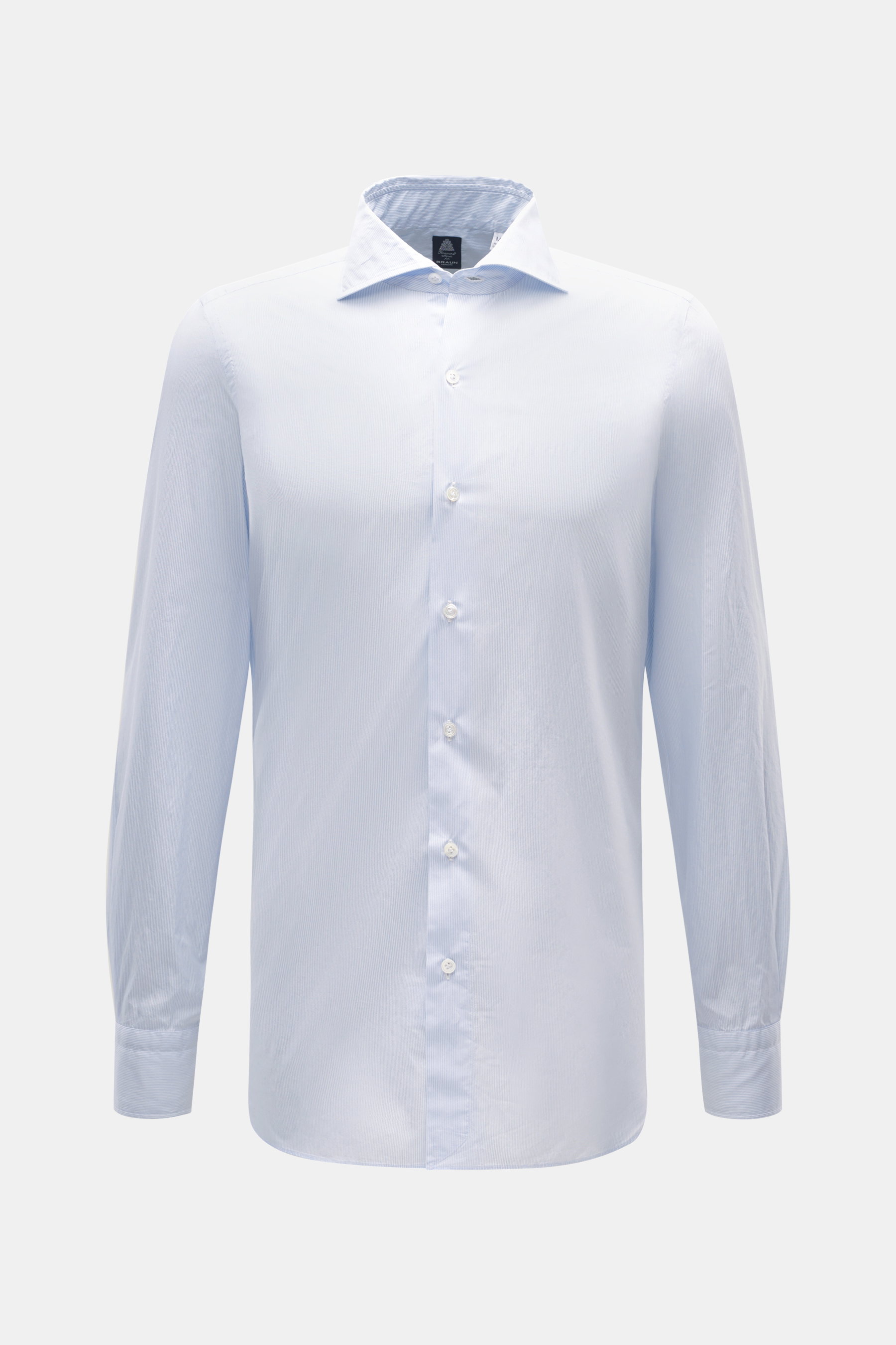 Finamore Casual Hemd 'Edoardo Napoli' Haifisch-Kragen hellblau/weiß gestreift, Slim Fit, Popeline, glatter Griff, extralange Ärmel, Sportmanschette, Saum, frontal fotografiert.