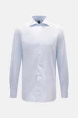 Front view of Finamore Casual Shirt 'Edoardo Napoli' Shark Collar Light Blue/White Striped, slim fit with extra long sleeves and French placket.

<p>The model 'Edoardo Napoli' by the traditional house FINAMORE impresses with its smooth, cool touch and is 