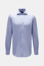 Finamore Casual Hemd 'Edoardo Napoli' Haifisch-Kragen dunkelblau/weiß gestreift, Slim Fit, Popeline aus reiner Baumwolle, glatter Griff, frontal fotografiert.