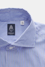Finamore Casual Hemd 'Edoardo Napoli' Haifisch-Kragen dunkelblau/weiß gestreift, Detailaufnahme von oben mit Popeline, Slim Fit, glattem Griff.