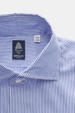 Finamore Casual Hemd 'Edoardo Napoli' Haifisch-Kragen dunkelblau/weiß gestreift, Detailaufnahme von oben mit Popeline, Slim Fit, glattem Griff.