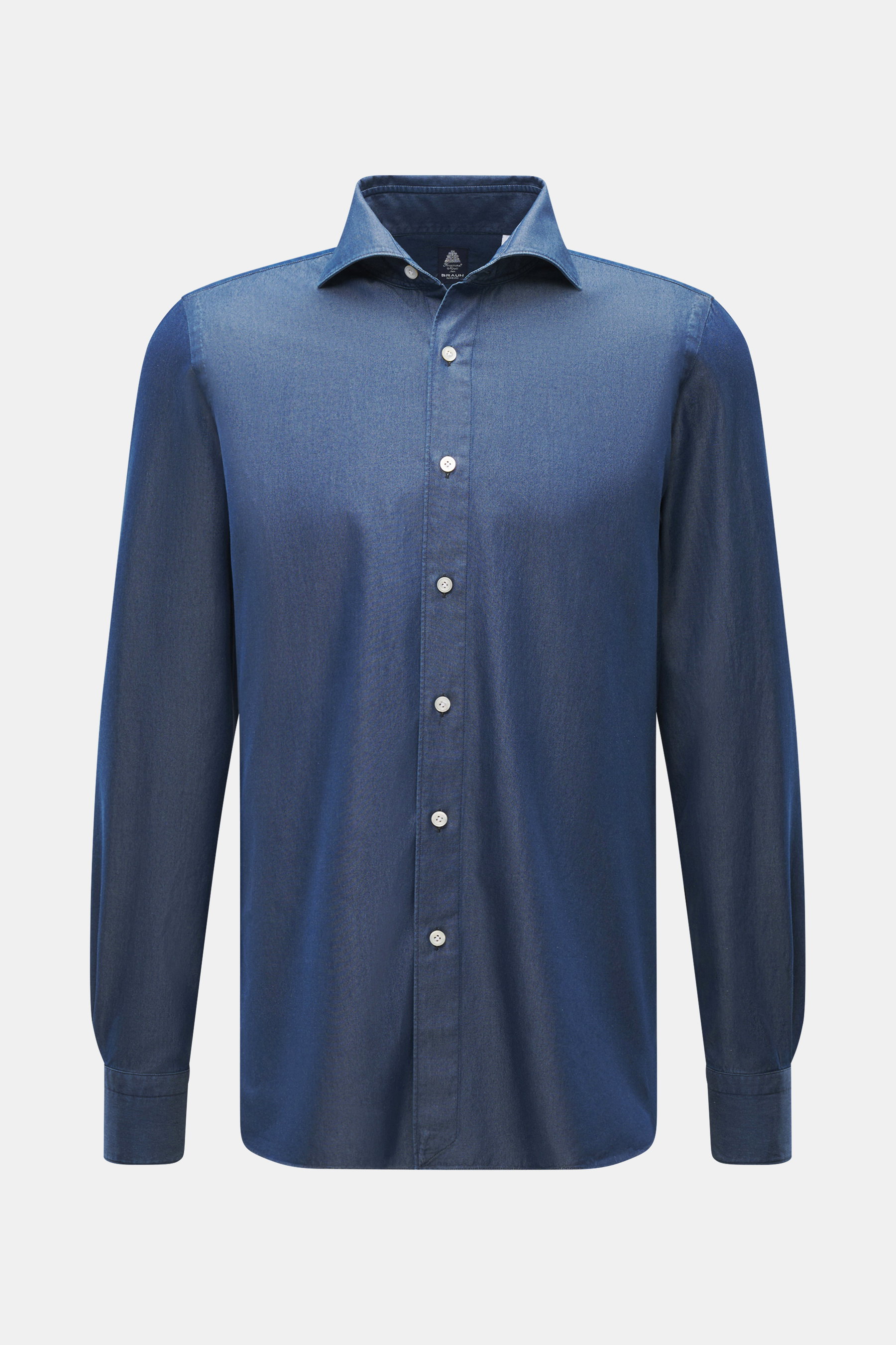 Finamore Chambray shirt 'Sergio Gaeta' shark collar dark blue front view, pure cotton chambray, very soft feel, slim fit, shark collar, French button placket with mother-of-pearl buttons, classic barrel cuffs, extra-long sleeves, contrasting buttonholes, 