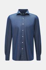 Finamore Chambray shirt 'Sergio Gaeta' shark collar dark blue front view, pure cotton chambray, very soft feel, slim fit, shark collar, French button placket with mother-of-pearl buttons, classic barrel cuffs, extra-long sleeves, contrasting buttonholes, 