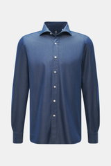 Finamore Chambray shirt 'Sergio Gaeta' shark collar dark blue front view, pure cotton chambray, very soft feel, slim fit, shark collar, French button placket with mother-of-pearl buttons, classic barrel cuffs, extra-long sleeves, contrasting buttonholes, 
