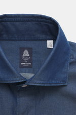 Finamore Chambray shirt 'Sergio Gaeta' shark collar dark blue shown from front close-up, pure cotton chambray, very soft feel, slim fit, shark collar, French button placket with mother-of-pearl buttons, classic barrel cuffs, extra-long sleeves, contrastin