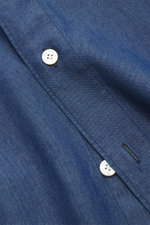 Close-up front view of Finamore Chambray shirt 'Sergio Gaeta' shark collar dark blue showing pure cotton chambray, very soft feel, slim fit, shark collar, French button placket with mother-of-pearl buttons, classic barrel cuffs, extra-long sleeves, contra