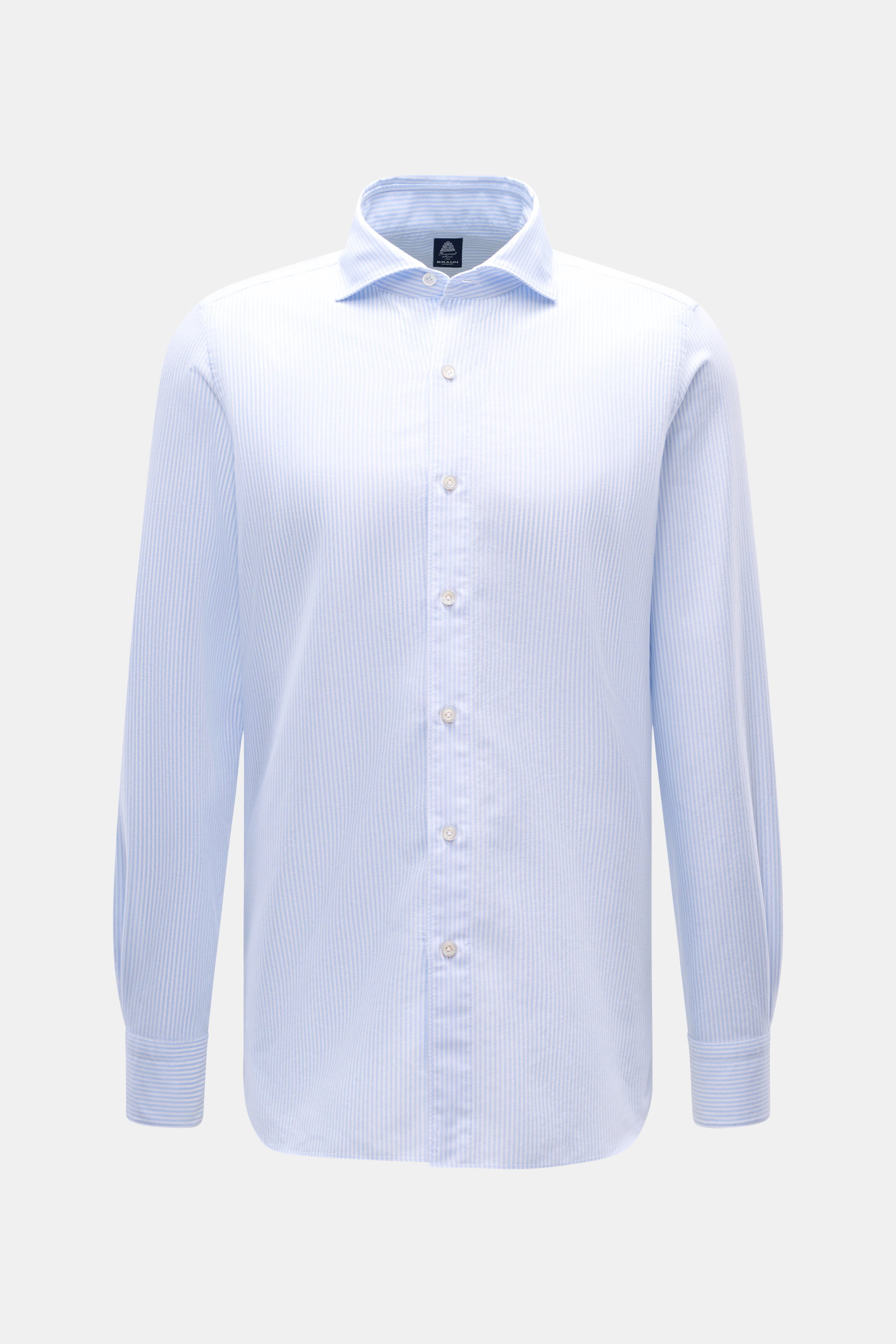 Front view of Finamore Oxford Shirt 'Eduardo Gaeta' Shark Collar Light Blue/White Striped, pure cotton, regular fit, textured feel.

Description: <p>An essential for stylish looks, the noble Oxford shirt 'Eduardo Gaeta' made of pure cotton with shark coll