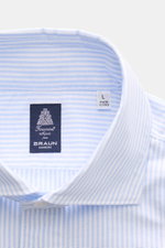 Finamore Oxford-Hemd 'Eduardo Gaeta' Haifisch-Kragen hellblau/weiß gestreift, Detailfoto von oben, Baumwolle, Regular Fit, französische Knopfleiste.