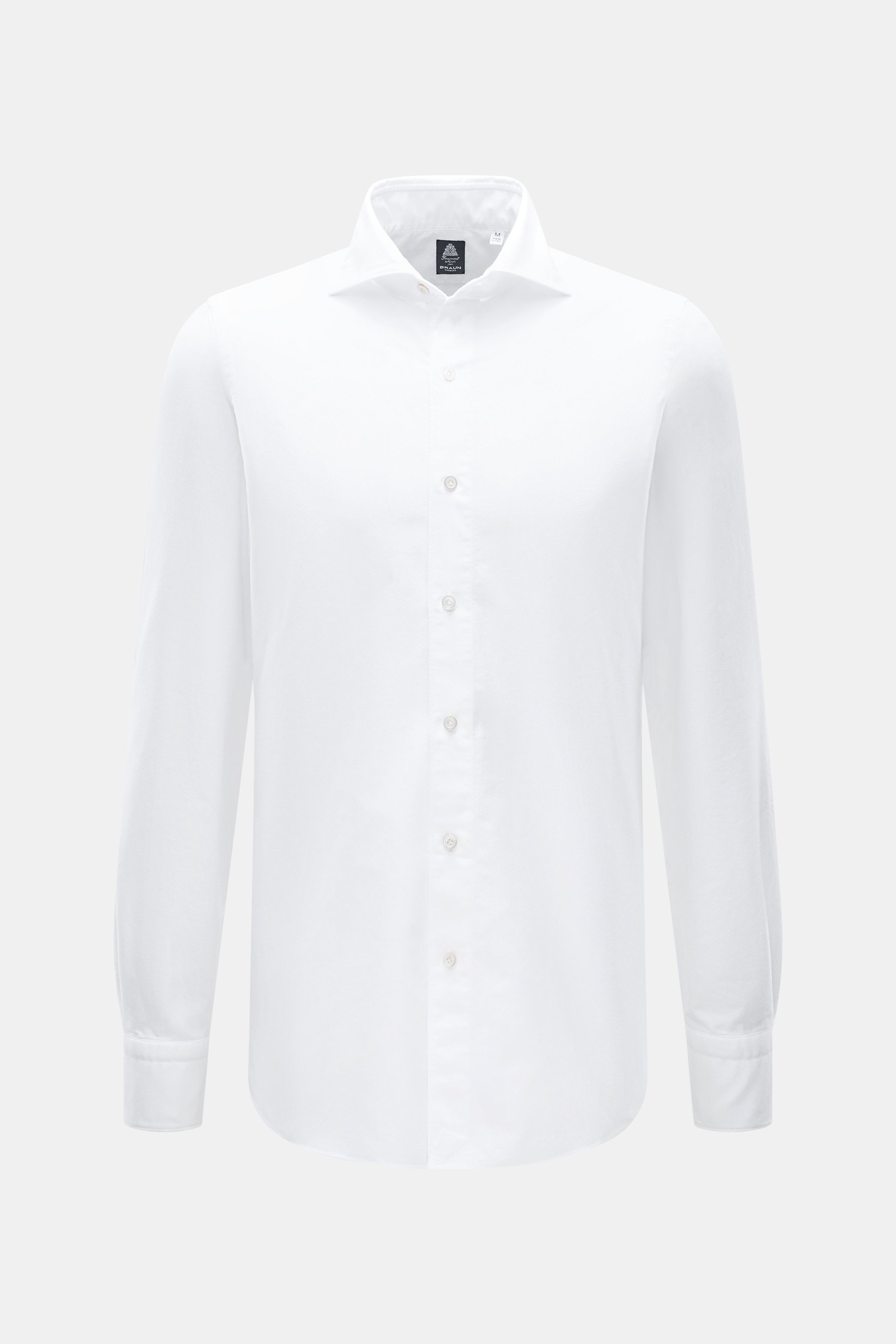 Front view of Finamore Oxford Shirt 'Eduardo Gaeta' Shark Collar White, a pure cotton Oxford with shark collar and regular fit.

Additional description:
<p>An essential for stylish looks, the noble Oxford shirt 'Eduardo Gaeta' made of pure cotton with sha