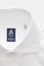Finamore Oxford-Hemd 'Eduardo Gaeta' Haifisch-Kragen weiß, Detailaufnahme von oben, reine Baumwolle, Regular Fit, Haifisch-Kragen, französische Knopfleiste.