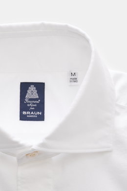 Finamore Oxford-Hemd 'Eduardo Gaeta' Haifisch-Kragen weiß, Detailaufnahme von oben, reine Baumwolle, Regular Fit, Haifisch-Kragen, französische Knopfleiste.