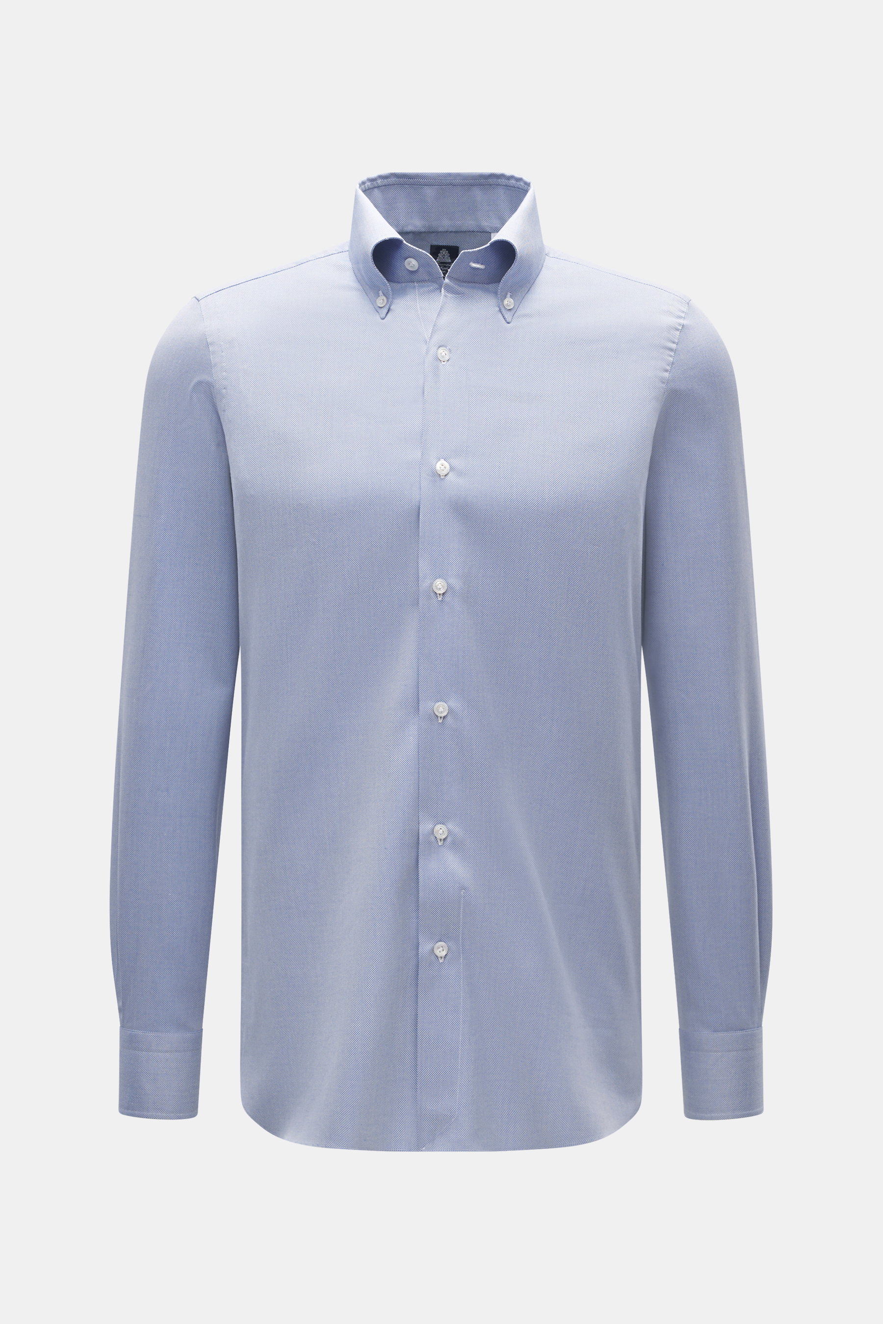 Finamore Casual Hemd 'Lucio Napoli' Button-Down-Kragen blau/weiß meliert, frontal, Pinpoint Baumwolle-Seide, weicher Griff, extralange Ärmel, Regular Fit, Perlmuttknöpfe, Sportmanschette, schmale Rückenpasse, gerundeter Saum.