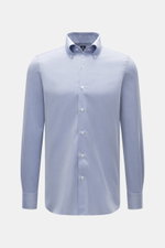 Finamore Casual Hemd 'Lucio Napoli' Button-Down-Kragen blau/weiß meliert, frontal, Pinpoint Baumwolle-Seide, weicher Griff, extralange Ärmel, Regular Fit, Perlmuttknöpfe, Sportmanschette, schmale Rückenpasse, gerundeter Saum.