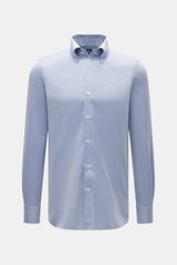 Finamore Casual Hemd 'Lucio Napoli' Button-Down-Kragen blau/weiß meliert, frontal, Pinpoint Baumwolle-Seide, weicher Griff, extralange Ärmel, Regular Fit, Perlmuttknöpfe, Sportmanschette, schmale Rückenpasse, gerundeter Saum.